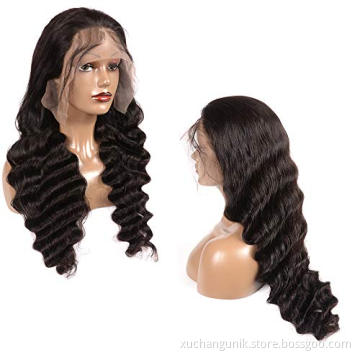 Uniky Natural Black Color Cuticle Aligned Unprocessed Virgin Human Hair Deep Wave Lace Frontal Wig